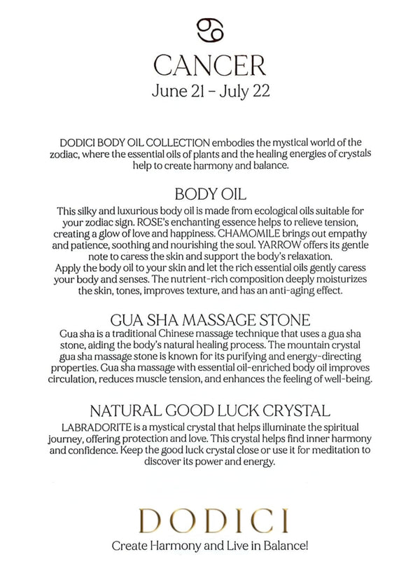Cancer – Body Oil, Gua Sha and Personalized Crystal Set