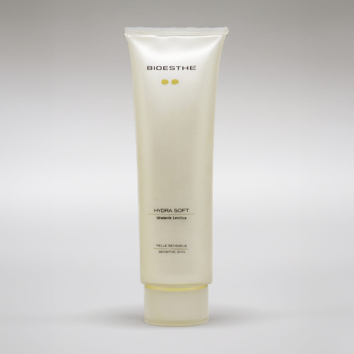 Bioesthe Hydra Soft cream tube for sensitive skin, 150ml, on a neutral background.