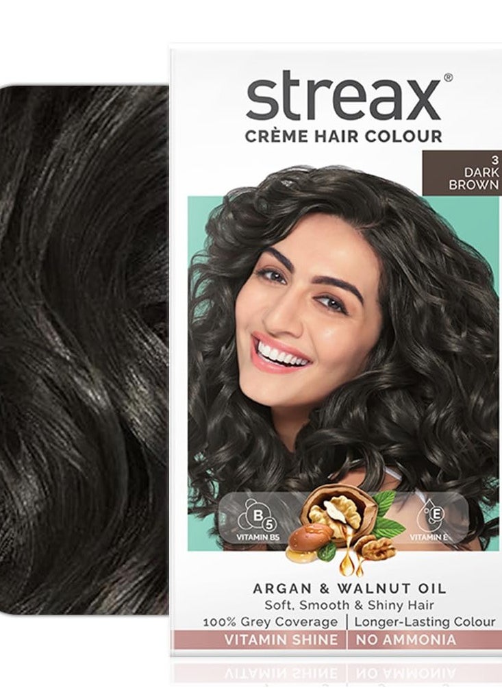 Streax Permanent Hair Colour, 100% Grey coverage, Infused with Argan and Walnut Oil, Long Lasting Cream Hair Colour for Women, Brown Hair Colour, 3 Dark
